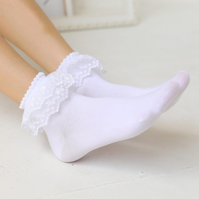 SRYL Women Lace Ruffle Frilly Socks (White-1 Pairs_Double Lace)