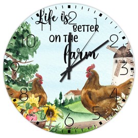 Wooden Wall Clock Non-Ticking Sweep Movement Life is Better on The Farm Country Wall Clocks Hen Art Cockerel Rooster Fireplace Decor for Restaurant Patio Pool 12 Inch
