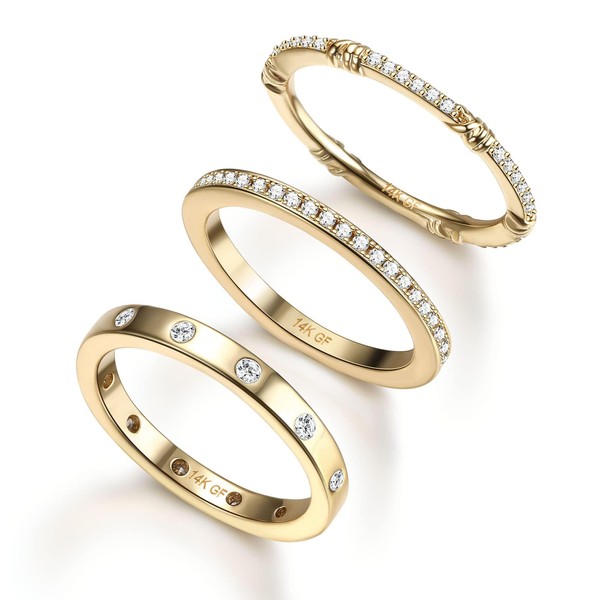 Kakonia 3PCS 14K Gold Plated Rings CZ Stacking Rings for