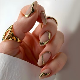 Almond Press on Nails Medium Nude Fake Nails with Gold Stripe Design Acrylic Nails Matte Nails Press ons Full Cover Glue on Nails for Women Girls 24 Pcs