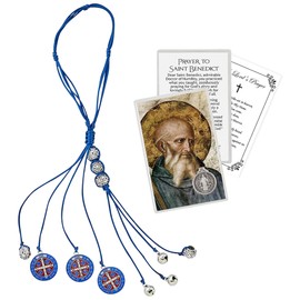 St Benedict House Blessing Decor - Laminated St Benedict Prayer Card | Blue San Benito Catholic Door Hanger with Mini Bells | Bendiciones para El Hogar, St Benedict Home Blessing