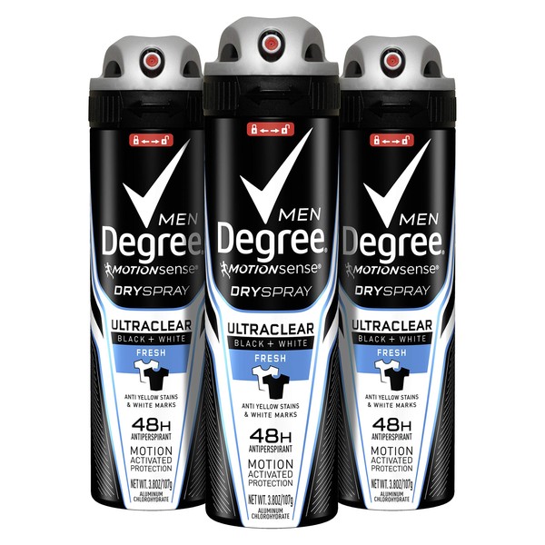 Degree Men Ultrclear Antiperspirant Spray Protects from Deodorant Stains Black + White Instantly Dry Spray Deodorant, 3.8 Ounce (Pack of 3)