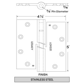 Legacy Manufacturing Stainless Steel Mortised Cam Lift Hinge (1359SS), for 1-1/2 ” pairs rating is up to 300 lbs. (Right-Hand Hinge)