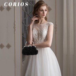CORIOS Women's Elegant Evening Bag Flowers Clutch Bag Handbag with Chain Kiss Lock Mini Rose Shoulder Bag Satin Shoulder Bag for Wedding Banquet Party Prom, black