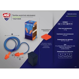MR Seguridad Caja 100 Pares Tapón Auditivo Reutilizable Cordón En Estuche