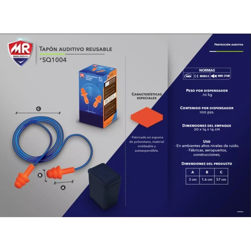 MR Seguridad Caja 100 Pares Tapón Auditivo Reutilizable Cordón En