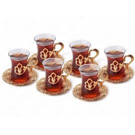 Alisveristime (SET OF 6) Turkish Tea Set with Zamac Holders, Glass Cups, and Saucers, 100ml Capacity, Elegant Serving Set in Gold and Silver (Harman) (Gold)
