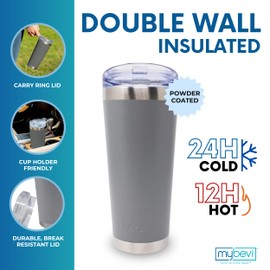 MyBevi Classic Premium Stainless Steel Tumbler with 12-Hour Temperature Control, Tritan Lid, and BPA-Free Construction | Gray, 26 oz