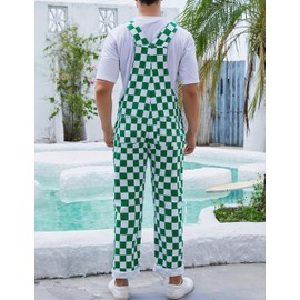 Odefou Green Checkered Pants Mens Overalls Bib Coveralls Cute Stretch Jeans Jumpsuit(Green,L)