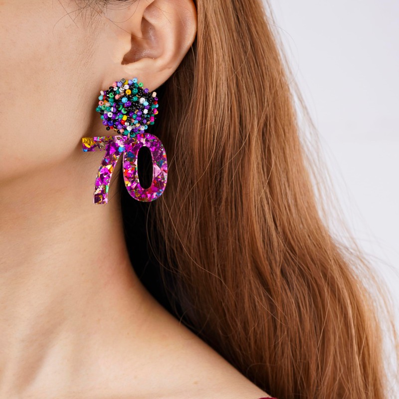 RareLove 70th Birthday Earrings for Women, Pink Number 70 Colorful