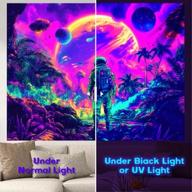 Tapestry Blacklight Space Astronaut MushroomTapestries Fantasy Forest Tapestry Trippy Starry Sky Tapestry Cool Wall Hanging Neon Nature Plant Wall Hanging Decor for Bedroom 79in×59in