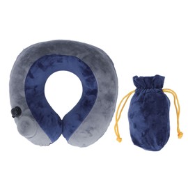 Self Inflatable Travel Pillow U Shaped Portable Neck Chain Support for Sleeping Napping Dark Blue with Gray