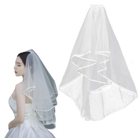 [KQHOMEI] Wedding Veil, Bride Veil, Lace Flowers, Short Veil, Two-tier Veil, Comb Included, Gold Thread Wedding with Wavy Edge Comb, Photo, Cute Bowknot, yellow