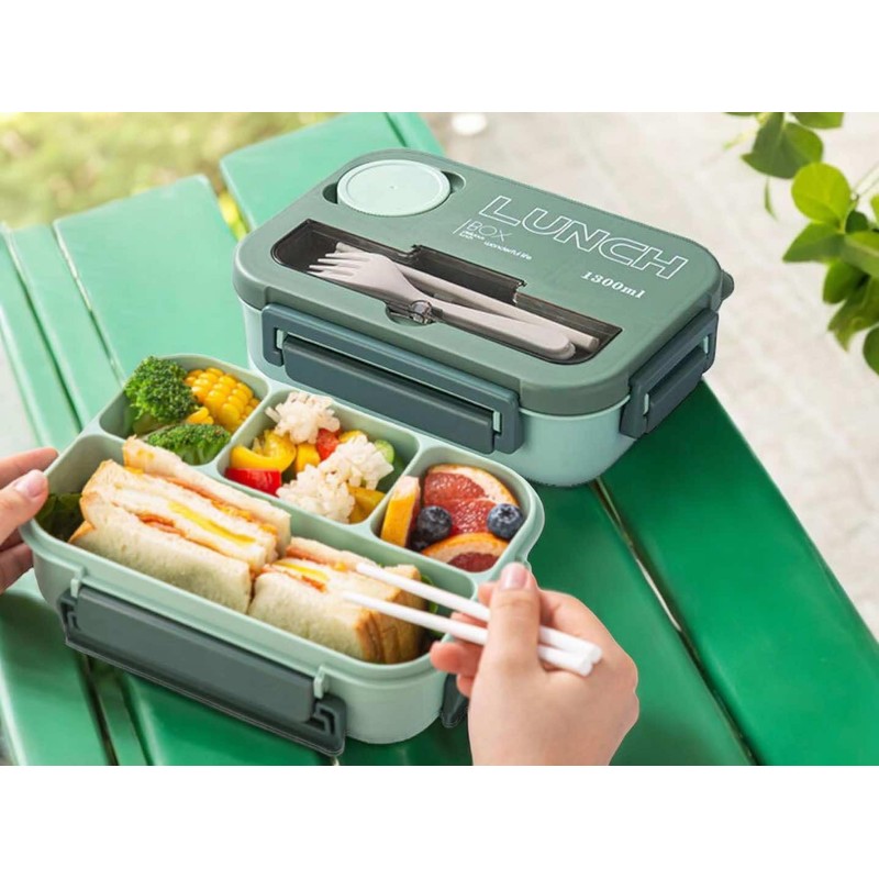 1.3L 4 Compartment Insulated Portable Plastic Bento Lunch Box, Microwaveable,