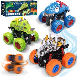 POWZOO Monster Truck, Pack of 3 Dinosaur 360 Degree Rotating Inertia Vehicle Car Toy, Friction Pull Back Toy Cars Monster Trucks. For 3+ Years Children Gifts
