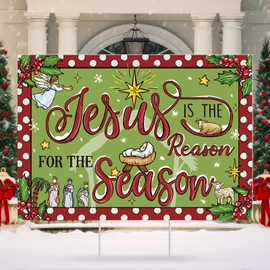 24 x 16 Inch Jesus Is the Reason for the Season Sign with H Stake Christmas Holy Nativity Yard Sign Outdoor Decorations Religious Lawn Decor for Xmas Holiday Church Party Decoration (Vintage)