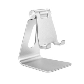 Tofun Soporte plegable de aleación de aluminio plateado para teléfono celular, soporte de metal de mesa con ángulo ajustable por eje giratorio, base para smartphone