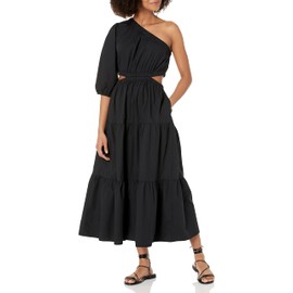 The Drop Women's April One Shoulder Cut-Out Tiered Midi Dress, Black, S