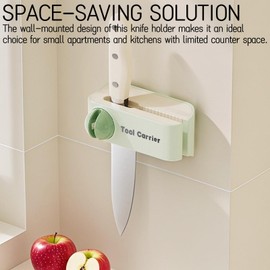 2-in-1 Wall-Mounted Knife Holder with Built-in Sharpener | Heavy Duty Adhesive Knife Rack for Organizer and Storage | for Small Apartments and Kitchen Gadgets (Green)