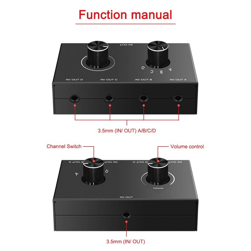 4 Port Audio Switch, 3.5mm Stereo AUX Selector, 4 Input