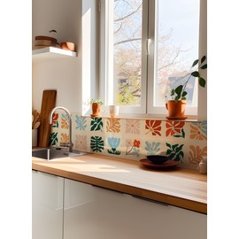 PONIIIEU Matisse Inspired Tile Floor Vinyl Sticker Colorful Abstract Floral Ceramic Decoration Wall Decals Self Adhesive Kitchen Refitting Decor Coarse Grain Film 10 PCS