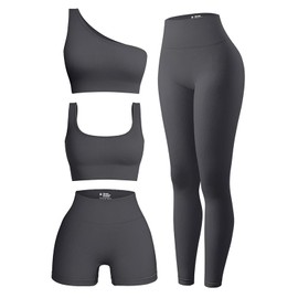 OIERD 4 Piece Workout Sets For Women Ribbed Leggings Clothes Yoga Sets Active Wear Matching Work Out Sets Gym Pilates Outfits, Grey, Small