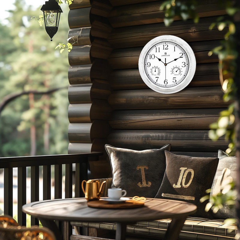 Lafocuse White Outdoor Wall Clocks Waterproof for Patio with Thermometer,