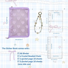 Alpengulen A6 Sticker Organizer Binder Zipper Binder Heart Pattern Lace Photocard Binder Sticker Collecting Book for Planner Journal Scrapbook with Plastic Sleeves and a Crystal Beaded (Purple Heart)