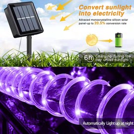 YEGUO Purple Solar Rope Lights Outdoor, 2 Pack Each 33ft 100 LED String Lights Outdoor, Clear Tube Fairy Lights