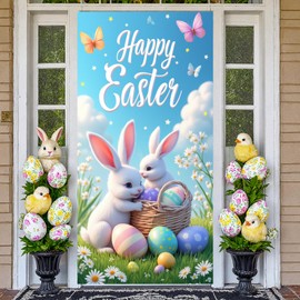 Happy Easter Door Cover Decorations Large Easter Bunny Door Banner Easter Eggs Rabbit Basket Photography Backdrop for Spring Holiday Indoor Outdoor Home Party Supplies 35 X 71 Inches