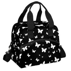 Lunch Bag for Women Adult Black Butterfly Insulated Lunch Box with Adjustable Shoulder Strap,Waterproof Portable Cooler Tote Bags for Work Picnic Beach Travel Office (Black Butterfly)