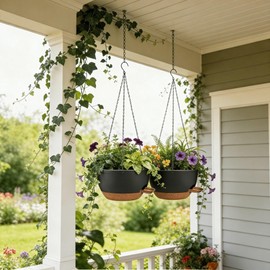 CNLBO 12 Inch Self Watering Hanging Planters 2 Pack, Indoor Outdoor Hanging Pots for Plants with Drainage Holes & Saucers, Black Brown Plastic Hanging Baskets for Kitchen Balcony Garden
