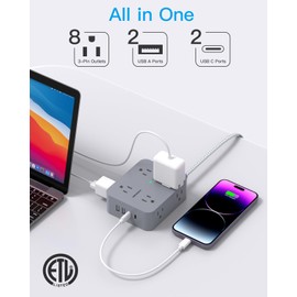 Surge Protector Power Strip 10 Ft Cord, Extension Cord with Multiple Oulets, 8 AC Outlets 4 USB (2 USB C) Ports, Flat Plug, Wall Mount Desk USB Charging Station for Home