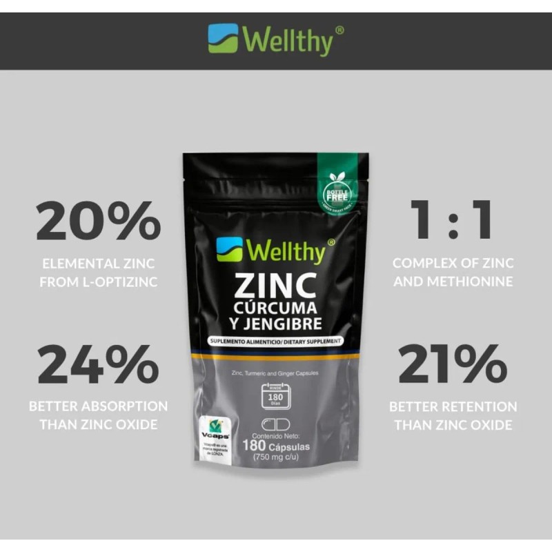 Zinc, Curcuma Y Jengibre 180 Cápsulas Wellthy Sabor Sin Sabor
