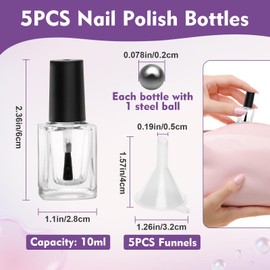 AHIER Empty Nail Polish Clear Bottles with Brush Cap Funnel and Mixing Ball(10ml 5p)