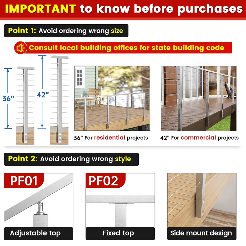 Muzata Side Mount Cable Railing Post 42 Inch 42"x2"x2" Level
