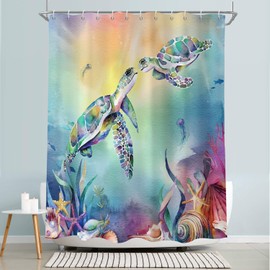 GCIREC Sea Turtle Shower Curtain, Teal Blue Sea Turtle Underwater Colorful Oil Painting Bathroom Curtain Waterproof Fabric 12 PCS Hooks, 72" Wx72 L