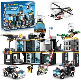 HOGOKIDS City Police Station Building Set - 1261 PCS Police Building Blocks Toys with Helicopter Motorcycle and 2 Cars, STEM Police Construction Playset Gift for Kids Boys Girls Aged 8 9 10 11 12+