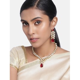 Aheli Gold Plated Traditional Maroon Crystal Studded Long Necklace Earrings Jewellery Set Gift for Women