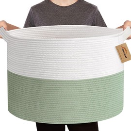 MEGASKET Extra Large Blanket Basket, 22" X 22" X 14" Kids Dog Toy Storage Bin Box, Nursery Baby Toddler Toy Organizer, Soft Cotton Rope Woven Bin, Large Basket for Blankets for Living Room, Green