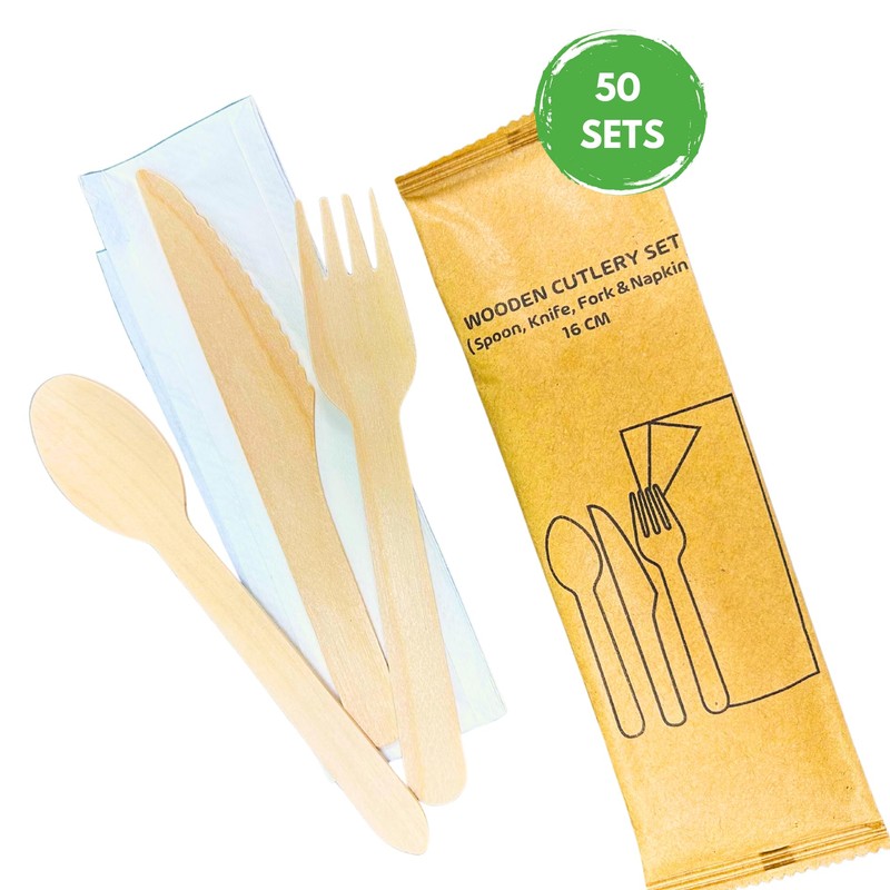 DISPOSABLE GREEN® | Individual Wrapped Wooden Compostable Cutlery Set, Each