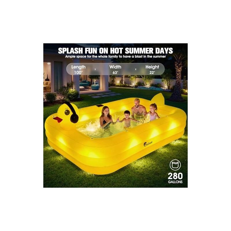 FizZeal Inflatable Pool with Lights,Solar Duck Inflatable Swimming Pool for
