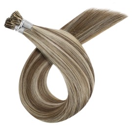 YoungSee Remy Human Hair I Tip Hair Extensions Keratin Human Hair 18inch Itip Hair Extensions Remy Hair Light Brown Highlights with Blonde Straight Cold Fusion Hair Extensions 1g/strand 50g