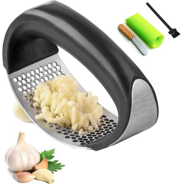 Trituradora de ajo de cocina de acero inoxidable premium Swanote, herramienta para triturar ajo con diseño de mango curvo, prensa de ajo, prensa manual de ajo, pelador, raspador y cepillo de silicona