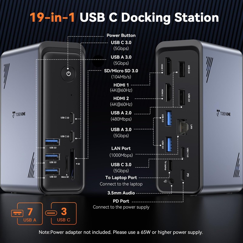 TobenONE 19-in-1 Laptop Docking Station Dual Monitor,10 USB C/A,2×4K HDMI
