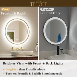 TETOTE Gold Round Led Mirror with Lights 24 Inch Metal Framed Round Circle Lighted Bathroom Vanity Mirror Wall Mounted, Front and Backlit 3 Color Stepless Dimmable Anti Fog, Shatterproof, CRI 90+