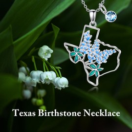 MEIDERBO Texas Necklace March Birthstone 925 Sterling Silver Texas State Map Flag Pendant Hometown Bluebonnets Jewelry Texas Gifts for Women Love TX