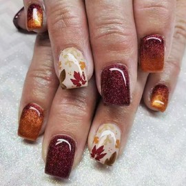 IMSOHOT Fall Press on Nails Short Square Fake Nails Brown Cat's Eye & Maple Leaf Designs Glossy Acrylic False Nails Full Cover Artificial Acrylic Glue on Nails for Women DIY Manicure