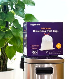 HygiCare Tall Kitchen Drawstring Trash Bags - 13 Gallons, 200 Count, Super Strong, Lavender Scent, Odor Control, Leakproof, Interleaved on Rolls
