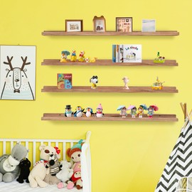 Long Floating Shelves for Wall 47 Inch,Real Wood Picture Ledge Shelf with Lip Set of 4,Photo Frame Storage Display for Living Room Nursery Room Bedroom Bathroom Kitchen Decor(Carbonized Black)